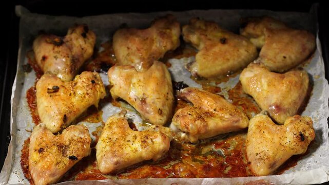 Close-up of hot roasted chicken wings sizzling on a baking tray. Bubbling fat and oil, crispy texture, macro food background. Finished meal. Close-up of home cooking process