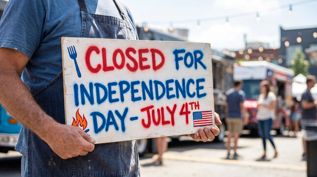 food truck closed for Independence Day July 4 holiday sign front counter customer alert mobile street food owner holds patriotic closure message for local lunch service customers and holiday schedule