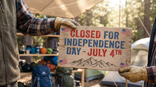outdoor gear store closed for Independence Day July 4 sign front counter customer alert camp store worker holds rugged patriotic notice among equipment for adventure retail customers and holiday hours