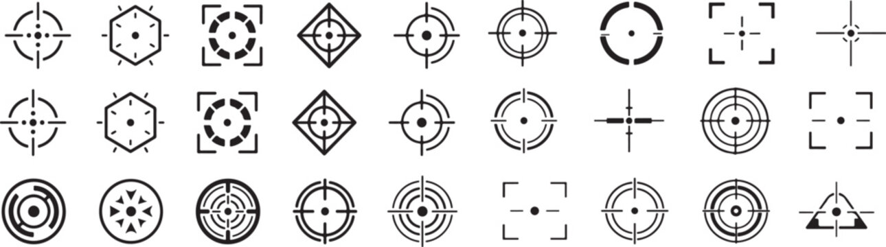  Sniper target aim shoot icon collection. Target destination flat and line style. Target icons set. Gun target, focus, crosshair, reticle, viewfinder. - stock vector..eps