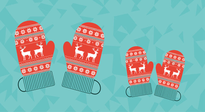 Two pairs of cozy red winter mittens with white reindeer patterns and teal ribbed cuffs against abstract blue triangular background.