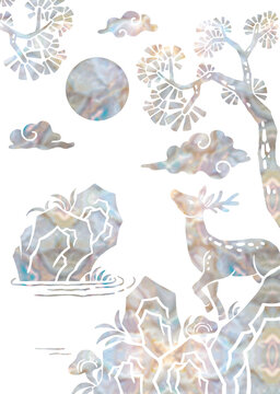 Modern Korean Folk Art Sipjangsaeng Illustration with Mother of Pearl Texture