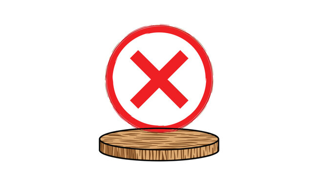 Large red cross mark symbol inside white circle placed on circular wooden pedestal against plain white background for denial concepts.