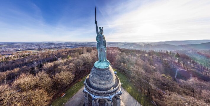 Wide drone panorama of Hermannsdenkmal and Teutoburg Forest