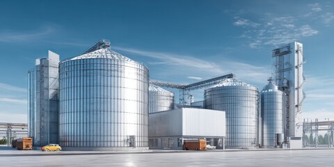 Obraz premium Industrial farm agricultural silos for storage and drying of wheat grains, sugar, corn, soy, sunflower on blue sky. Large metal grain tanks processing equipment in modern facility. Agriculture, food.