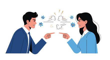 Fototapeta premium Frustrated man and woman in business suits pointing fingers and arguing with each other expressing anger and conflict in workplace.