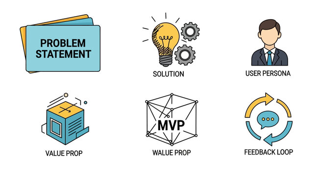 Business Strategy Icons: Problem Statement, Solution, User Persona, MVP, Value Prop, Feedback Loop