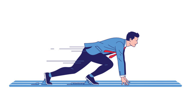 Determined businessman in blue suit on starting blocks of running track ready to sprint forward for success and competition.