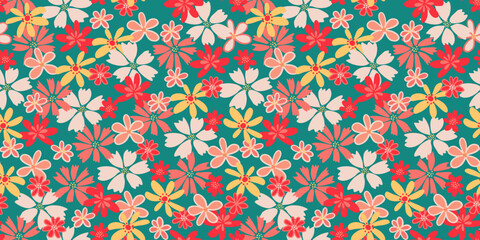 Fototapeta premium Colorful summer seamless pattern with abstract shapes groovy flowers. Vector hand drawn sketch. Cute floral printing on a green background. Template for designs, notebook cover, childish textiles
