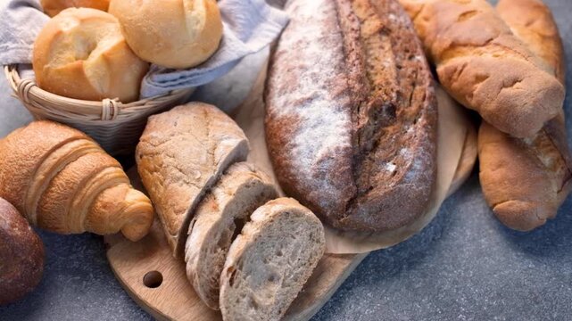 Assortment of fresh baked bread on a rustic table