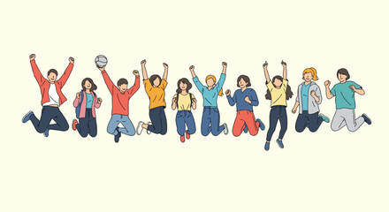 Obraz premium Group of diverse young people jumping together with arms raised in celebration of success freedom and happiness against pale background.