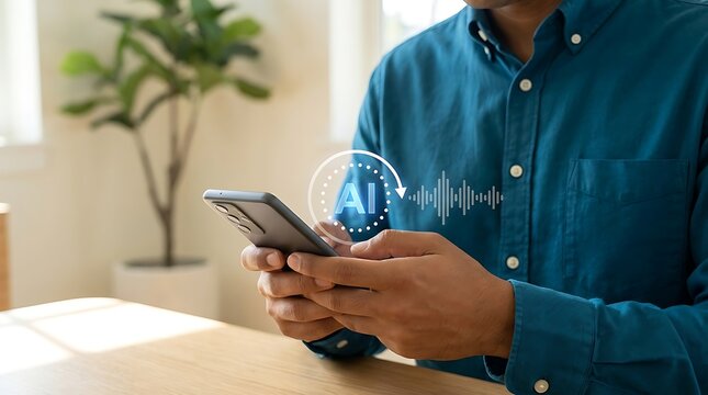 Closeup of a person holding a smartphone with an ai voice recognition and processing interface graphic overlay