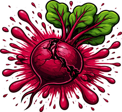 Cracked beetroot exploding with vibrant red juice, fresh green leaves, healthy food illustration for cooking or juice concepts