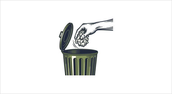 Hand throwing crumpled paper into a trash can.