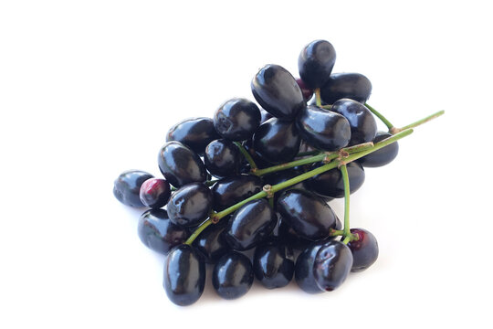 Fresh jamun fruits or Java plum with stems isolated on white background. Dark purple glossy berries with natural texture represent tropical fruit, healthy food, and antioxidant concept.
