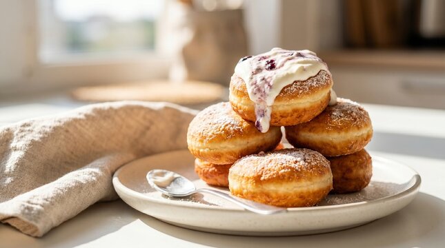 Moldovan curd fritters served for breakfast with fresh cream