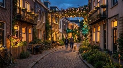 Naklejka premium Residential street with living floral lighting and urban sustainability