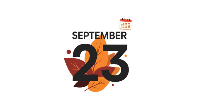 September 23 Date Illustration with Autumn Leaves and Calendar Icon on White Background