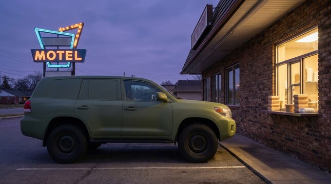 Retro restaurant parking lot scene with twilight vehicle dreamcore mood