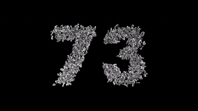 Number 73 Formed by Small Digits Animation with Alpha Channel. Typographic Number Formation Effect. Digital Number Made of Numbers. 3D Font Typographic Animation. Transparent BG