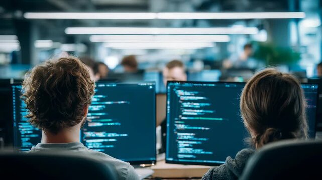 Two software developers collaborate in a modern open office, focusing intently on code displayed across multiple monitors. The workspace is illuminated by bright overhead lighting