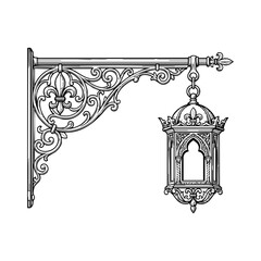 Detailed black and white vector illustration of an ornate vintage lantern hanging from metal wall bracket © Fahmi