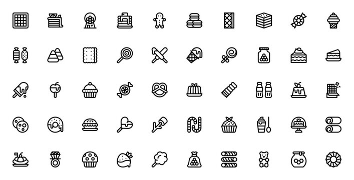 Dessert and Candies icon set. Sweets and bakery vector icons pack. Minimalist line art. Includes waffle, cake, gumball machine, pancake, gingerbread, macaron, wafer, candy, ice cream, toffee, lollipop