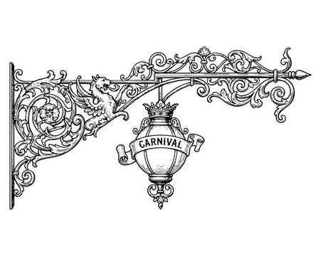 Ornate vintage wrought iron carnival sign vector illustration featuring intricate scrolling metalwork and decorative hanging lantern