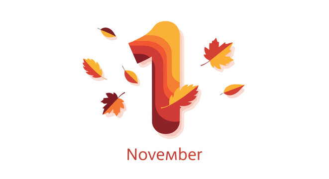 First of November calendar date illustration with falling autumn leaves and layered number one in seasonal colors