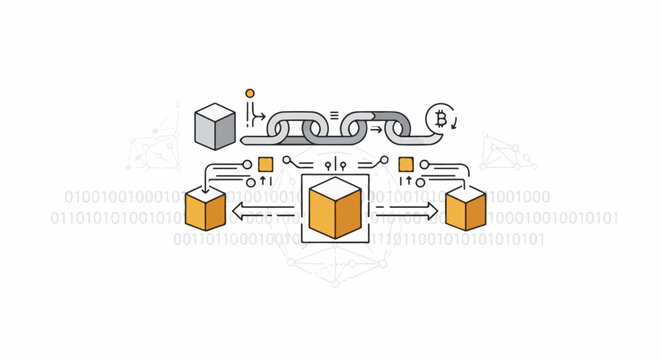 Abstract visualization of data blocks linked in a chain with binary code background