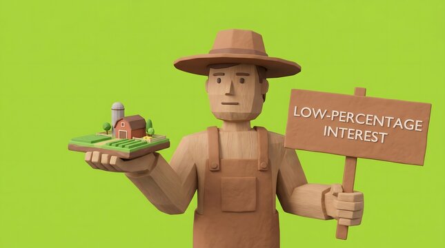 Minimal 3D wooden farmer character holding a tiny miniature farm model and a sign text low-percentage interest on green background, concept of agricultural loans and mortgage.