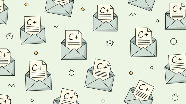 Seamless pattern of envelopes containing exam papers with a C plus grade on a pale green background for academic themes.