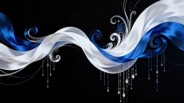 Blue and white flowing ribbons with beads