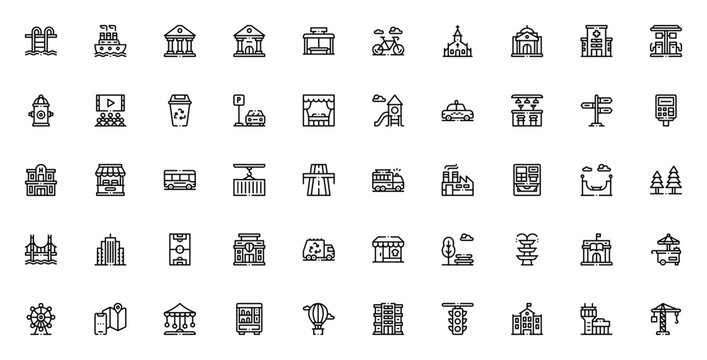 City Life icon set. Minimal urban vector icons. Includes swimming pool, bank, museum, hospital, skyscraper, park and more. Editable vector stroke.
