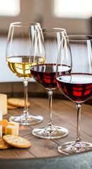 Naklejka premium Three wine glasses with red and white wine and cheese 3