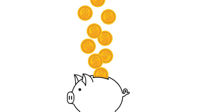 Illustration of a white piggy bank with gold coins falling into the slot, representing savings, finance, and wealth.