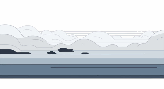 Abstract blue and gray layered landscape with faint horizontal lines and a boat