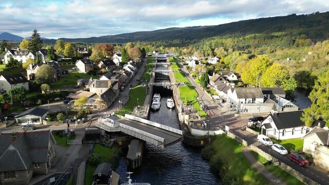 4K Aerial  Shot Flying flying toward Lock Chambers at Fort Augustus in the Parish of Boleskine and Abertarff, South‑West End of Loch Ness