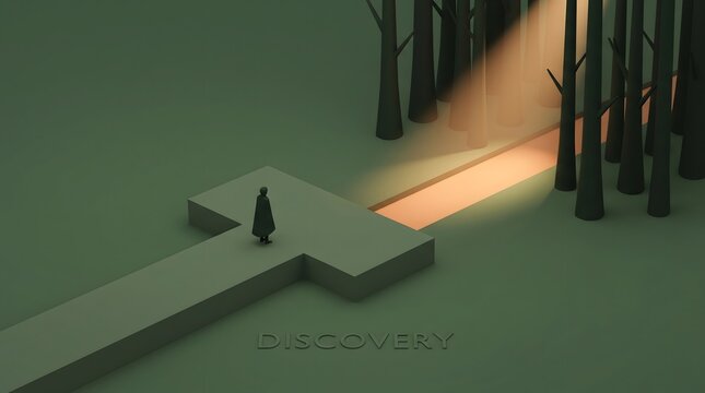 Minimal 3D figure in a cloak standing at a T-shaped crossroads looking at a glowing path leading into a dark forest, concept of discovery, choice, future destiny, and life direction.