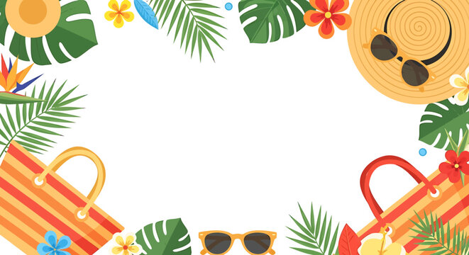 Summer vacation accessories and tropical leaves.