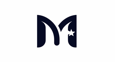 Obraz premium Abstract dark blue letter M with white star accent on white background