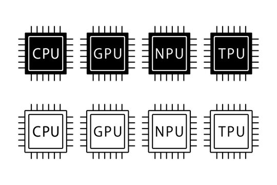 「CPU」「GPU」「NPU」「TPU」の文字が書かれた半導体やプロセッサーのアイコンセット