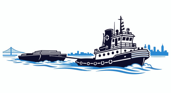 A tugboat pulls a barge past a city skyline and bridge