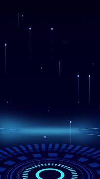 Futuristic blue technology background with rotating hud circle stage, glowing particles rising up and light streaks, sci fi digital podium scene for product reveal, logo placeholder or vertical intro