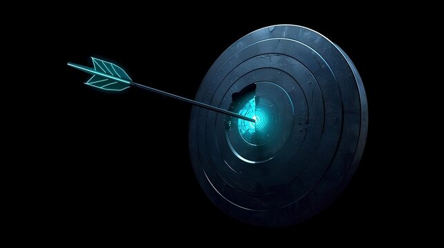 Dark obsidian archery target split by a glowing neon cyan geometric arrow