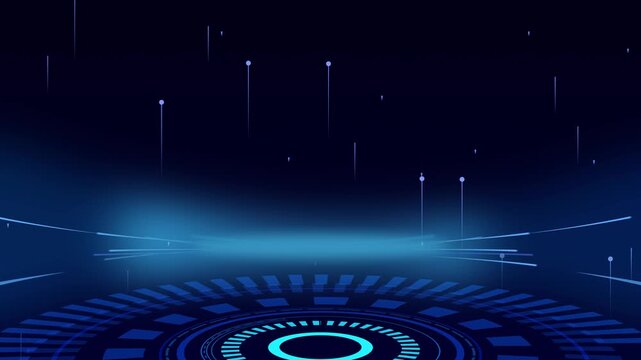 Futuristic blue technology background with rotating hud circle stage, glowing particles rising up and light streaks, sci fi digital podium scene for product reveal, logo placeholder or corporate intro