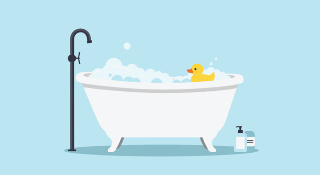 Classic white clawfoot bathtub overflowing with bubbles and a cute yellow rubber duck on a blue background.