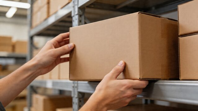 A person is placing a cardboard box on a shelf in a warehouse storage room filled with packages, illustrating the process of inventory management and logistics in a commercial setting.