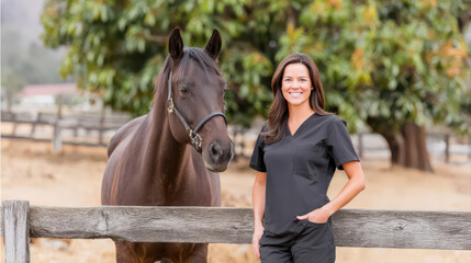 Obraz premium A veterinarian in scrubs smiles behind a dark brown horse in sharp focus. Warm sunlight and soft tones highlight a rural, animal care setting with high realism.