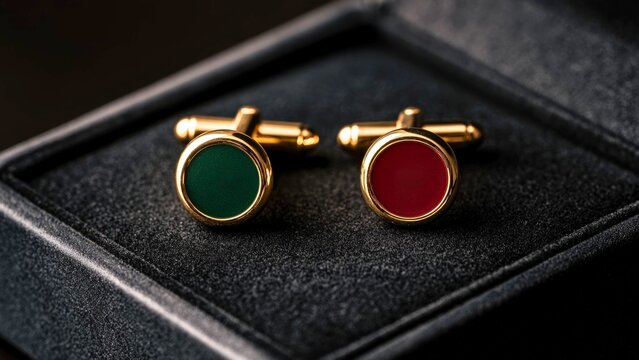 Pair of elegant gold cufflinks with green and red stone insets, cufflinks